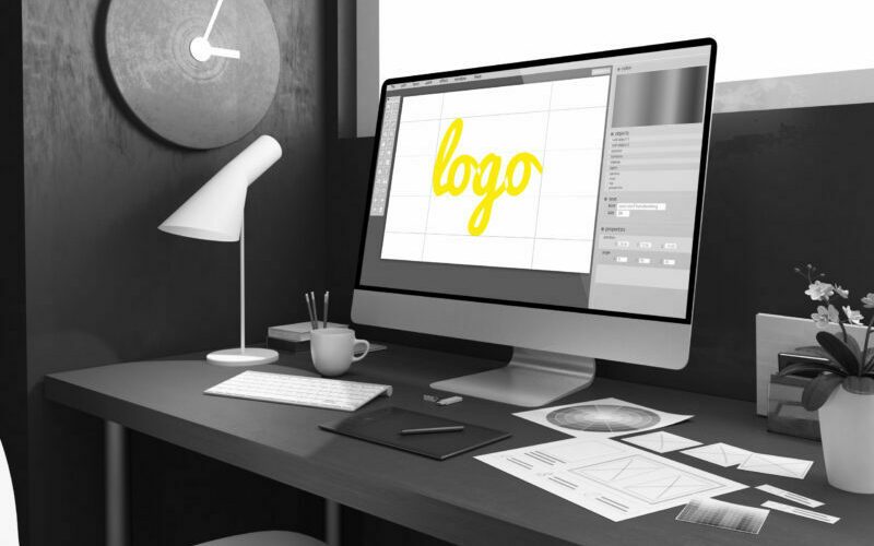 logo design workplace mockup interior 3d rendering