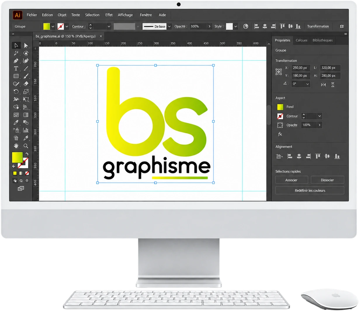 Écran d'ordinateur avec le logo BS Graphisme ouvert dans Illustrator