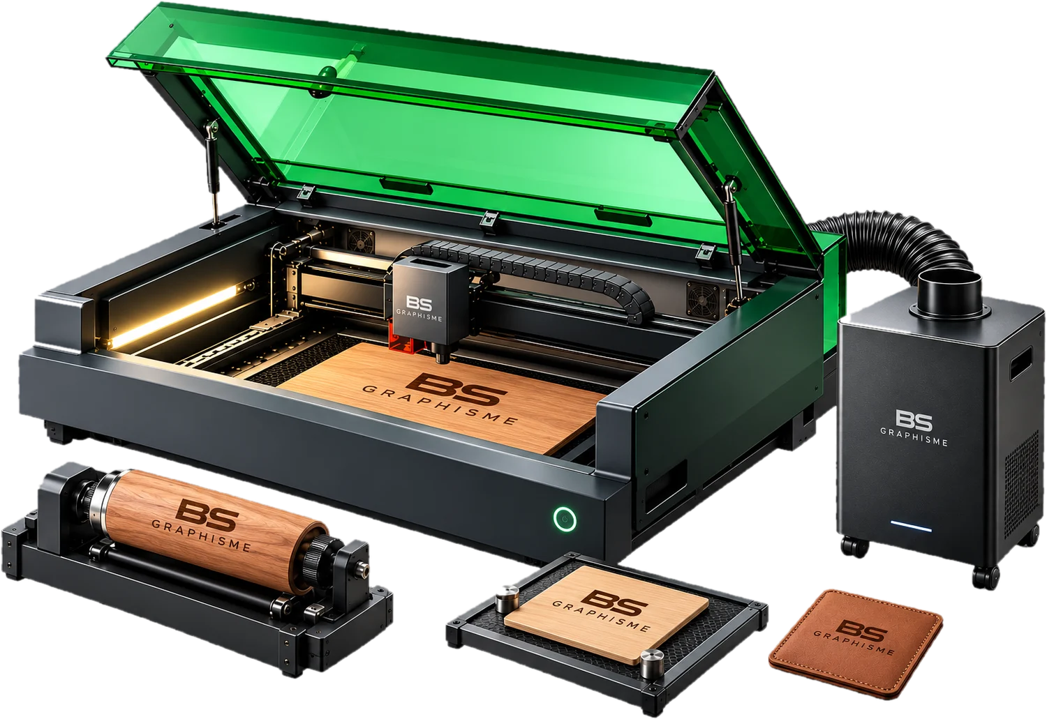 Graveur laser de l'atelier avec son extracteur de fumées, un module rotatif et des pièces gravées au logo BS Graphisme