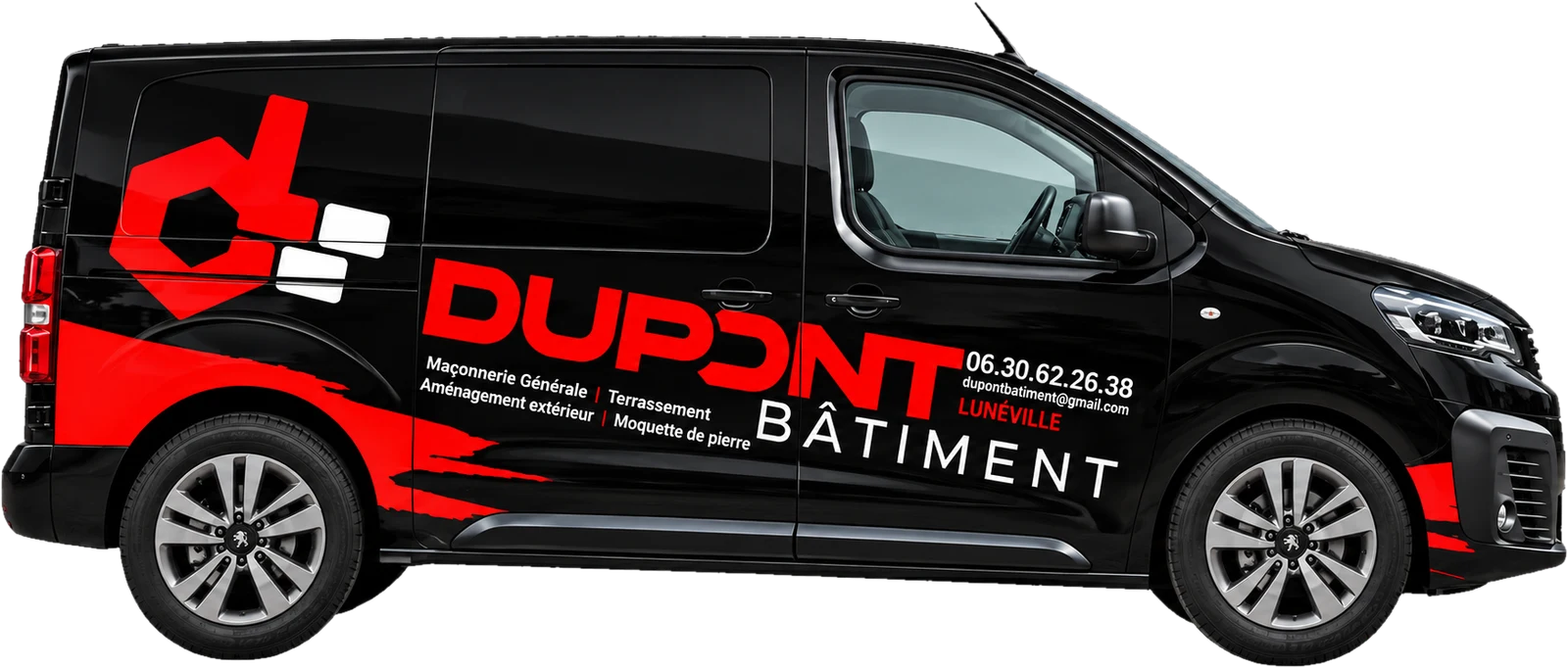 Peugeot Expert noir marqué aux couleurs de Dupont Bâtiment, Lunéville