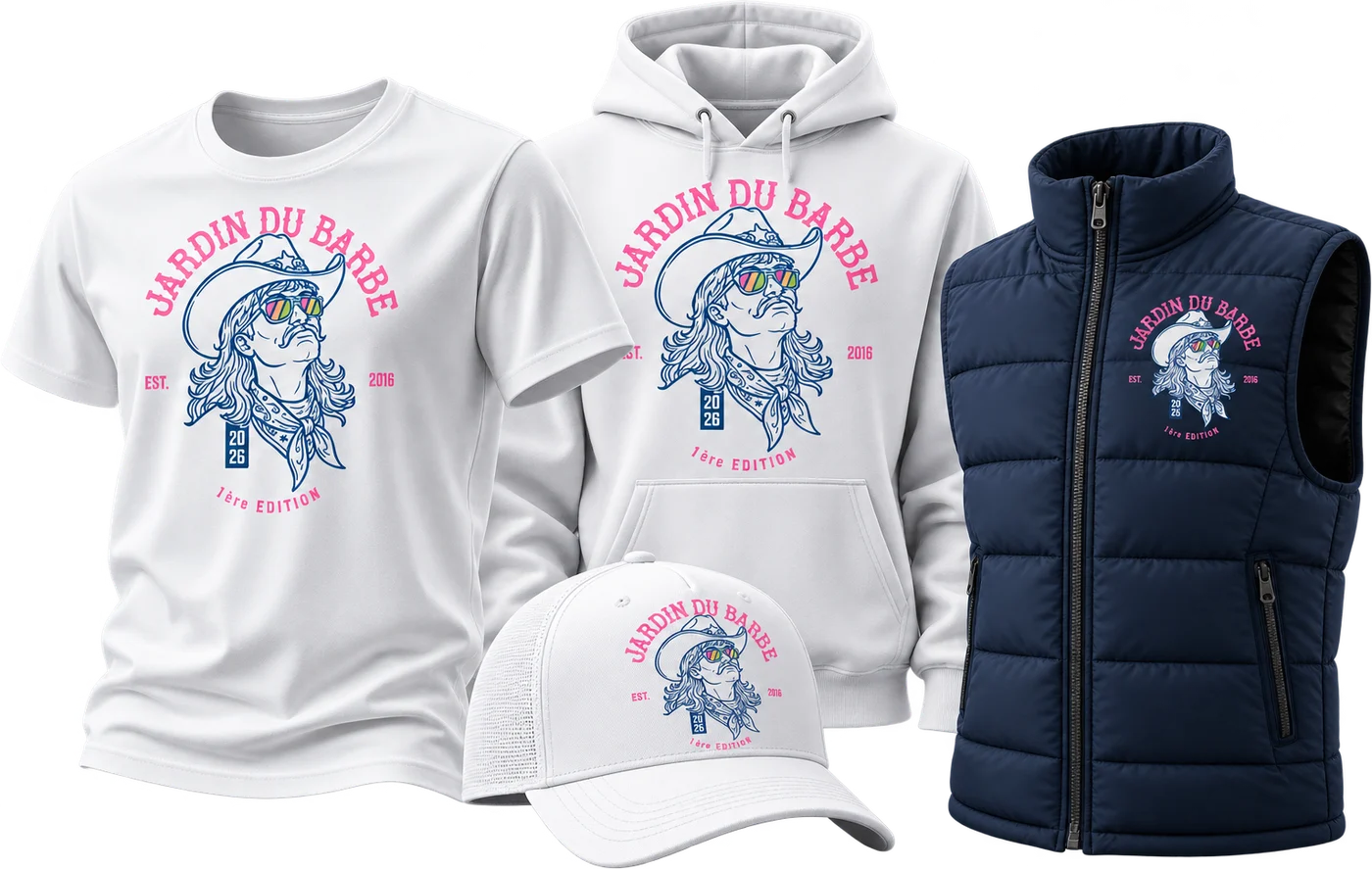 T-shirt, sweat à capuche, casquette et doudoune sans manches marqués du visuel Jardin du Barbe